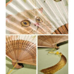 Buddha Stones Cute Cat Butterfly Flowers Pattern Handheld Silk Bamboo Folding Fan 21cm Folding Fan BS 6