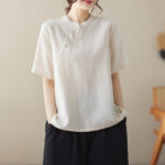 Buddha Stones Solid Color Frog-Button Short Sleeve Cotton Linen Shirt Women's Shirts BS 3