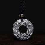 Buddha Stones Natural Silver Sheen Obsidian Double PiXiu Copper Coin Peace Buckle Protection Necklace Pendant Necklaces & Pendants BS 6