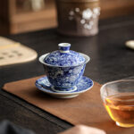 Buddha Stones Vintage Blue And White Porcelain Ceramic Gaiwan Sancai Teacup Kung Fu Tea Cup And Saucer With Lid Cup BS 8