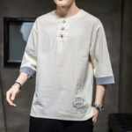 Buddha Stones Frog-Button Dragon Embroidery Chinese Tang Suit Three Quarter Sleeve Shirt Cotton Linen Men Clothing Men's Shirts BS 7