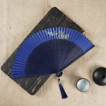 Buddha Stones Simple Cherry Flower Hollow Engraved Handheld Bamboo Folding Fan Folding Fan BS Dark Blue 22cm