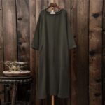 Buddha Stones Simple Midi Dress Cotton Linen Zen Tunic Dress With Pockets Midi Dress BS 8