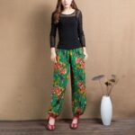 Buddha Stones Ethnic Style Red Green Flowers Print Harem Pants With Pockets Women's Harem Pants BS 42