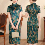 Buddha Stones Retro Flower Lotus Peony Feather Print Qipao Dress Women's Cheongsam Dress Cheongsam Dresses BS Green Feather Suitable for Weight 77.5kg