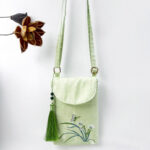 Buddha Stones Small Embroidered Flowers Crossbody Bag Shoulder Bag Double Layer Cellphone Bag Crossbody Bag BS Green Orchid Butterfly 13.5*19.5*2.5cm