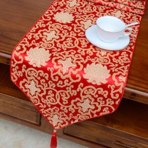 Buddha Stones Prayer Altar Flower Vajra Dragon Pattern Tibetan Auspicious Symbols Tassels Jacquard Table Runner Prayer Altar BS Red Flower 200*33cm