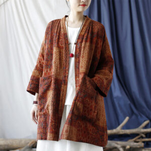 Buddha Stones Orange Flower Geometry Print Cotton Open Front Jacket With Pockets 1