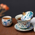 Buddha Stones Retro Plum Blossom Pine Bamboo Phoenix Kirin Ceramic Gaiwan Sancai Teacup Kung Fu Tea Cup and Saucer with Lid Cup BS 3