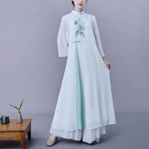 Buddha Stones 2Pcs Flower Three Quarter Sleeve Midi Dress Skirt Chiffon Zen Clothing Women's Set Women's Meditation Cloth BS Dress&Skirt 2XL(Fit for US6; UK/AU10; EU38)
