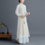 Buddha Stones 2Pcs Peony Flower Cheongsam Midi Dress Skirt Chiffon Zen Clothing Women's Set Women's Meditation Cloth BS 2