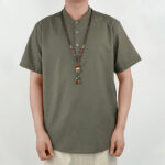 Buddha Stones Solid Color Men Short Sleeve Button Linen Shirt Men's Shirts BS 2