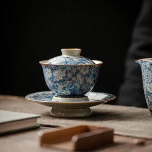 Buddha Stones Vintage Blue And White Porcelain Peach Blossom Lotus Peony Ceramic Gaiwan Sancai Teacup Kung Fu Tea Cup And Saucer With Lid Cup BS 9.3cm*9.8cm*150ml(Saucer 13.3cm)