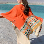 Buddha Stones Tibetan Shawl Colorful Geometry Winter Cozy Travel Scarf Wrap Tibetan Shawl BS Orange 150*130cm