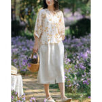 Buddha Stones Fruits Leaves Pattern Lantern Sleeve Top Loose Tee T-shirt T-shirt BS 13