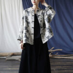 Buddha Stones Black Gray Print Frog-button Design Long Sleeve Cotton Linen Jacket Shirt With Pockets Women's Shirts BS 37