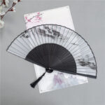 Buddha Stones Mountains Plum Blossom Lotus Magpie Bamboo Leaves Handheld Silk Bamboo Folding Fan 22.5cm 9