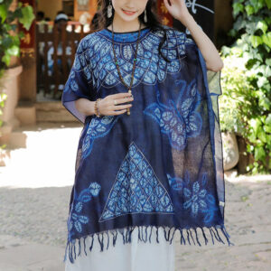 Buddha Stones Blue Butterfly Batik Shawl Tassels Cozy Travel Pullover 90*95cm 1