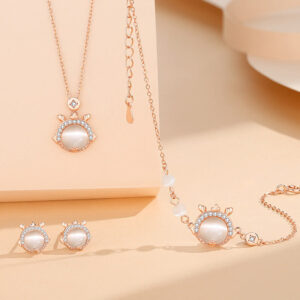 Buddha Stones 925 Sterling Silver Year of the Dragon Cat's Eye Cute Dragon Copper Coin Protection Bracelet Necklace Pendant Earrings (Extra 30% Off | USE CODE: FS30) Bracelet Necklaces & Pendants BS Set (Bracelet+Necklace+Earrings) Rose Gold