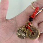 Buddha Stones Feng Shui Five Emperor Coins Lucky Cat Money Wealth Keychain Key Chain BS 3