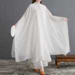 Buddha Stones 2Pcs Frog-Button Long Sleeve Midi Dress Wide Leg Pants Chiffon Zen Women's Set Women's Meditation Cloth BS 5