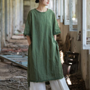 Buddha Stones Mid Length Dress Ramie Linen Half Sleeve Split Hem Top T-Shirt 1