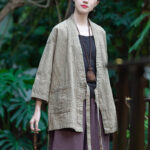 Buddha Stones Hanfu Design Three Quarter Sleeve Ramie Linen Coat Open Front Top Jacket Coat BS 2