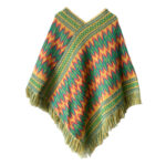 Buddha Stones Tibetan Shawl Striped Knitted Tassels Pullover Winter Cozy Travel Scarf Wrap Tibetan Shawl BS Green Orange 87cm*100cm