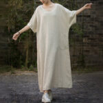 Buddha Stones Solid Color V-Neck Half Sleeve Ramie Linen Midi Dress With Pockets Midi Dress BS 1