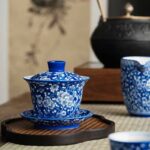 Buddha Stones Plum Blossom Blue And White Porcelain Ceramic Gaiwan Sancai Teacup Kung Fu Tea Cup And Saucer With Lid 185ml Cup BS 12