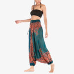 Buddha Stones Two Style Wear Round Geometric Pattern Loose Smocked Harem Trousers Jumpsuit High Waist Women's Yoga Pants Harem Pants&Bodysuit BS 21