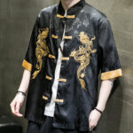Buddha Stones Frog-Button Chinese Dragon Embroidery Half Sleeve Shirt Linen Men Clothing Men's Shirts BS 3