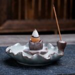 Buddha Stones Lotus Plum Blossom Square Ceramic Spiritual Backflow Incense Burner Incense Burner BS 2