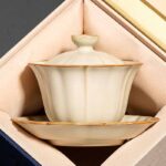 Buddha Stones Beige Plum Blossom Shape Peach Branch Ceramic Gaiwan Sancai Teacup Kung Fu Tea Cup With Lid Cup BS Beige Plum Blossom Shape With Gift Box