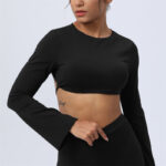 Buddha Stones Long Sleeve Backless Strap Top Bra Flare Pants Fitness Yoga Outfit 2-Piece Outfit BS Black Top US8/10/XL
