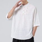 Buddha Stones Frog-Button Plaid Pattern Chinese Tang Suit Half Sleeve Shirt Cotton Linen Men Clothing Men's Shirts BS 25