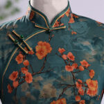 Buddha Stones Retro Flower Lotus Peony Feather Print Qipao Dress Women's Cheongsam Dress Cheongsam Dresses BS 7