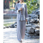 Buddha Stones 2Pcs Frog-Button Long Sleeve Shirt Top Pants Meditation Zen Tai Chi Cotton Linen Clothing Women's Set Women's Meditation Cloth BS 8