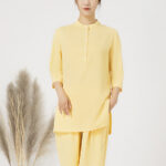 Buddha Stones 2Pcs Buttons Three Quarter Sleeve Shirt Top Pants Meditation Zen Tai Chi Cotton Linen Clothing Women's Set Women's Meditation Cloth BS Yellow(Top&Pants) 2XL(Bust 112cm/Waist 70-104cm/Pants Length 101cm)