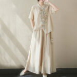 Buddha Stones 2Pcs Flower Embroidery Short Sleeve Tee T-shirt Wide Leg Pants Set 2-Piece Outfit BS Khaki(Top&Pants) XL(Fit for US12; UK/AU16; EU44)