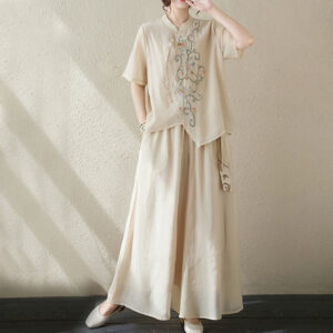 Buddha Stones 2Pcs Flower Embroidery Short Sleeve Tee T-shirt Wide Leg Pants Set 2-Piece Outfit BS Khaki(Top&Pants) XL(Fit for US12; UK/AU16; EU44)