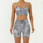 Buddha Stones 2Pcs Camo Print Backless Criss-Cross Strap Top Bra Shorts Leggings Pants Fitness Yoga Outfit Set 2-Piece Outfit BS Gray 2Pcs(Top&Shorts) L