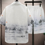 Buddha Stones Landscape Coconut Trees Magpie Pattern Short Sleeve Shorts Men's Set Men's Meditation Cloth BS 1