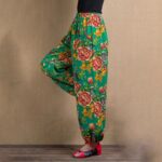 Buddha Stones Ethnic Style Red Green Flowers Print Harem Pants With Pockets Women's Harem Pants BS 41