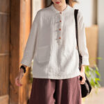 Buddha Stones Solid Color Loose Button Blouse Long Sleeve Shirt Top Long Sleeve Shirt BS 2