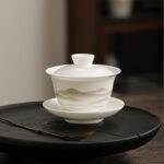 Buddha Stones Vintage Ink Painting Mountain White Porcelain Ceramic Gaiwan Sancai Teacup Kung Fu Tea Cup And Saucer With Lid Tea Utensil Teapot Cup BS 8