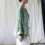 Buddha Stones Pink Flowers Green Leaves Print Frog-button Design Long Sleeve Ramie Linen Jacket Shirt Women's Shirts BS 32