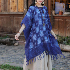 Buddha Stones Blue Color Block Plaid Shawl Tassels Soft Pullover 90*95cm 1