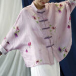 Buddha Stones Pink Flower Print Frog-button Design Batwing Long Sleeve Ramie Linen Jacket Shirt Women's Shirts BS 9