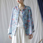 Buddha Stones Pink Flowers Green Leaves Print Frog-button Design Long Sleeve Ramie Linen Jacket Shirt Women's Shirts BS 5